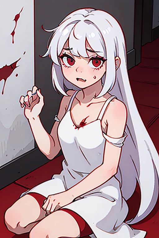 white hair girl, red eyes and fangs, sitting crying in the hallway with blood on her hands, she wears a white dress.