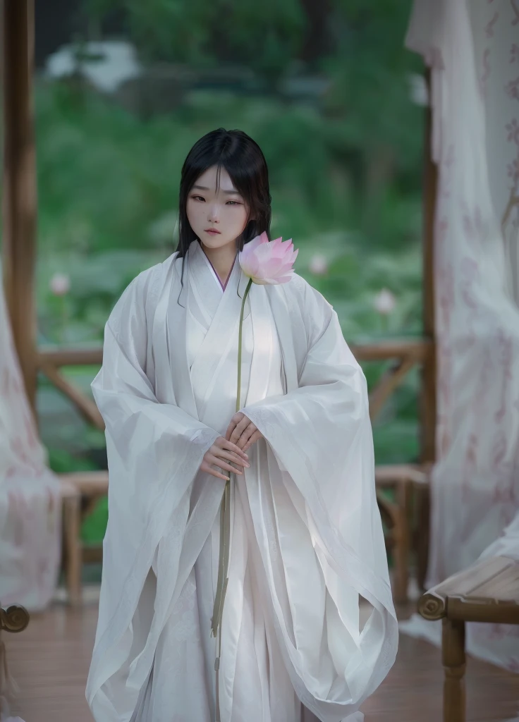 Wearing a white dress、Arav woman holding pink flowers, White Hanfu, palace ， Girl wearing Hanfu, Hanfu, Wearing ancient Chinese clothes, flowing white robe, Wearing Chinese clothing, Standing gracefully on the lotus, Wearing a flowing robe, Chinese traditional clothing, Wearing a robe, flowing white robe, Wearing a luxurious silk cape