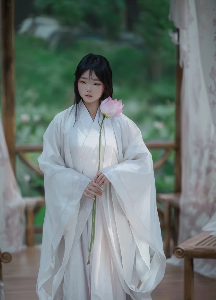 Wearing a white dress、Arav woman holding pink flowers, White Hanfu, palace ， Girl wearing Hanfu, Hanfu, Wearing ancient Chinese clothes, flowing white robe, Wearing Chinese clothing, Standing gracefully on the lotus, Wearing a flowing robe, Chinese traditional clothing, Wearing a robe, flowing white robe, Wearing a luxurious silk cape