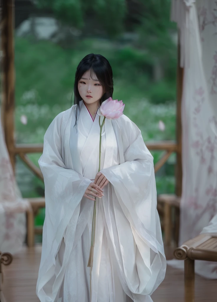 Wearing a white dress、Arav woman holding pink flowers, White Hanfu, palace ， Girl wearing Hanfu, Hanfu, Wearing ancient Chinese clothes, flowing white robe, Wearing Chinese clothing, Standing gracefully on the lotus, Wearing a flowing robe, Chinese traditional clothing, Wearing a robe, flowing white robe, Wearing a luxurious silk cape