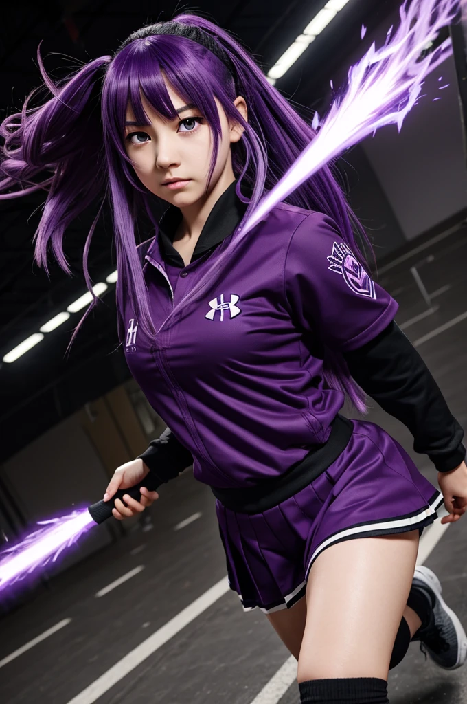 My hero academia wallpaper girl with long black hair with purple tips wearing UA uniform throwing PURPLE fire