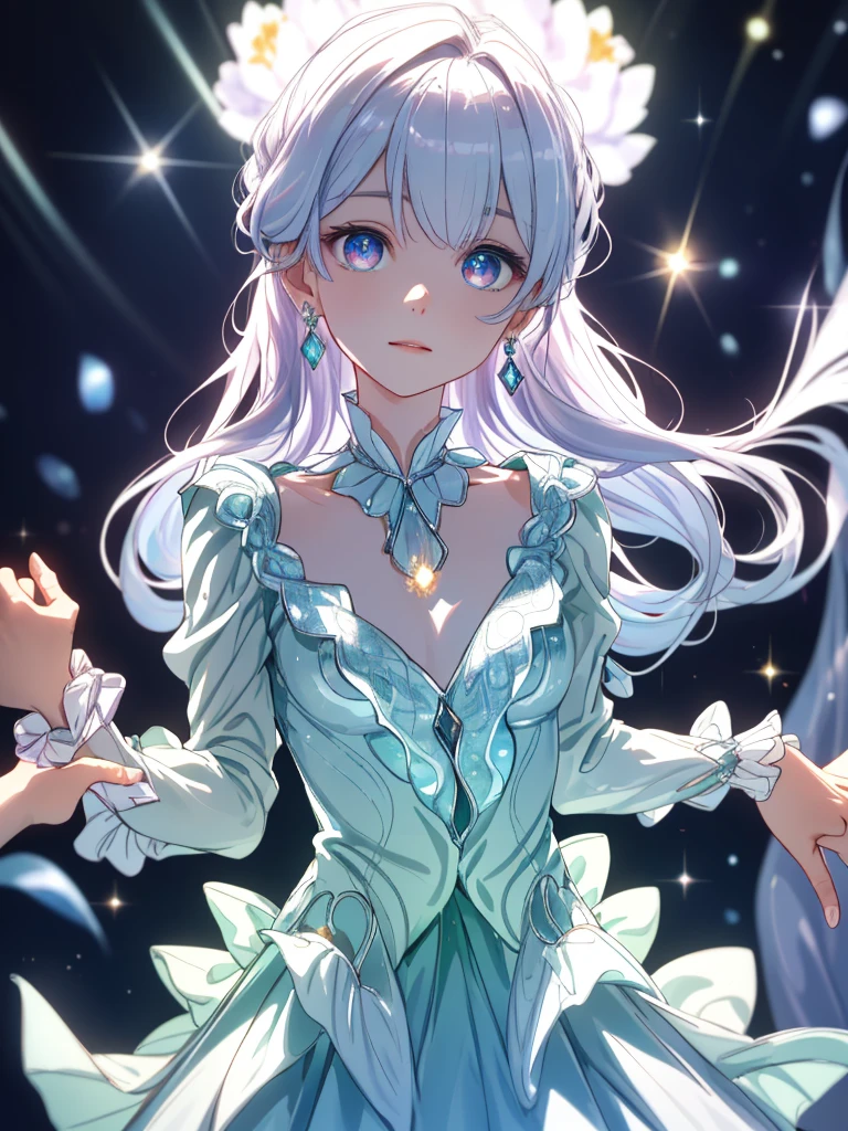 masterpiece, highest quality, figure, alexandrite eyes and hair, platinum earrings, Platinum Necklace, white dress, The Little Mermaid, cute, (dynamic lighting:1.2), cinematic lighting, delicate features, fine eyes, sharp pupils, realistic student, Depth of bounds written, Bokeh, sharp focus, (very detailed, bloom, shine:1.4), Many Small Gems