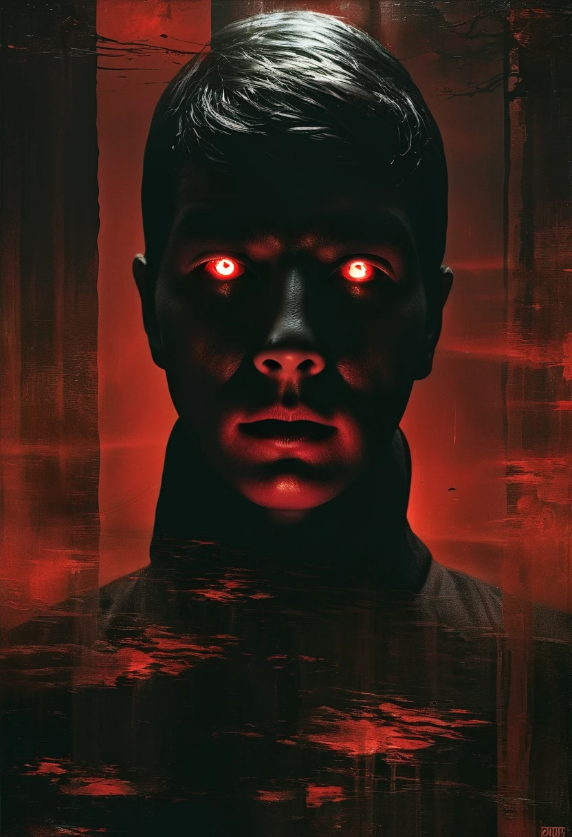 Characteristics of ghosts:

A stiff face。
Eyes glowing red。
The mouth is distorted、Looks like he&#39;s smiling wickedly。
Background and atmosphere:

I&#39;m in the corridor of a dimly lit old Western-style building.。
The reflected shadows and light create an eerie atmosphere.。
Pose and expression:

A creepy gaze staring at you from behind。
Put your hands forward、Making threatening gestures。
Color and Texture:

The dark colour scheme is the basis、Red and black are emphasized。
On the face and in the clothes、There are shadows and irregular patterns.、Anxiety-inducing texture。