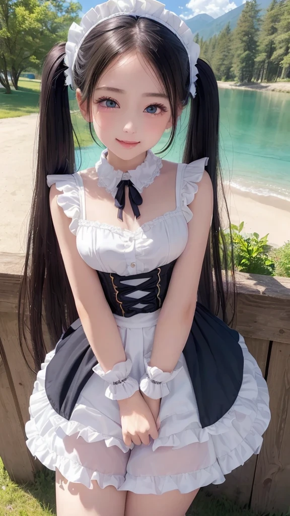 ((masterpiece)), ((highest quality、Ultra high definition)), (Very detailed),8K、Photo quality、((Amazingly cute girl)),( ), Two people, , (Beautiful emerald blue eyes), ((smile)),In the open-air bath overlooking the sea, Beautifully arranged black hair in twin tails、whole body、((Super high-end white see-through summer gothic lolita maid costA super mini skirt with lots of frills))、Professional Lighting、(White lace knee-highore detailed and beautiful)、(More details and cutenesore realistic)、(((ウインクしている)))、