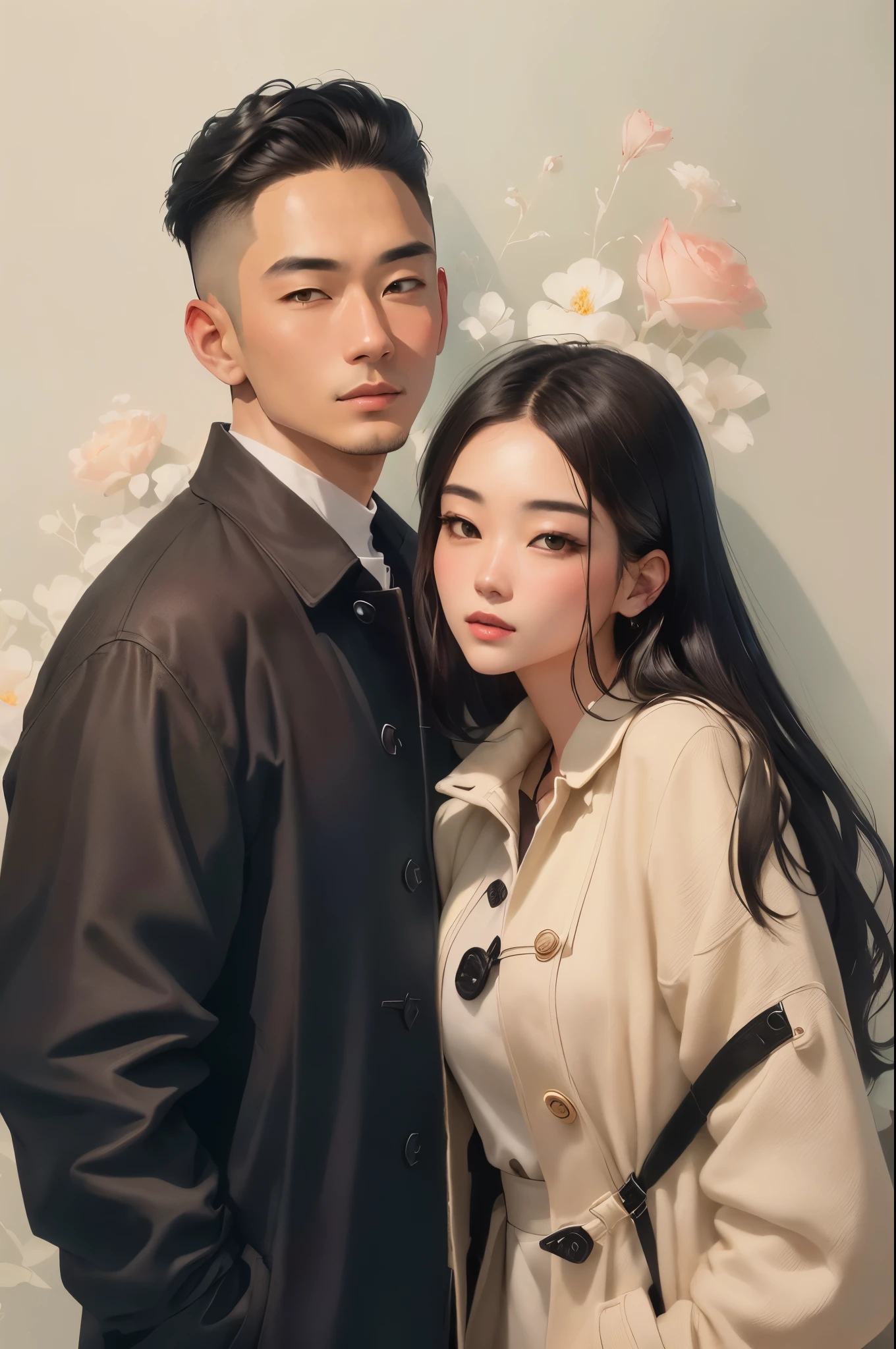 a man and woman posing for a photo in a brown coat, romantic lead, official fanart, photoshoot, february), lovely couple, promotional picture, sha xi, daoshi, official art, love interest, an epic love affair with doubt, backdrop, official photos, ruan jia and fenghua zhong, mixed art, official, korean artist, warm, promotional image