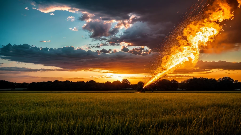 grassy field, sky with fire raining down