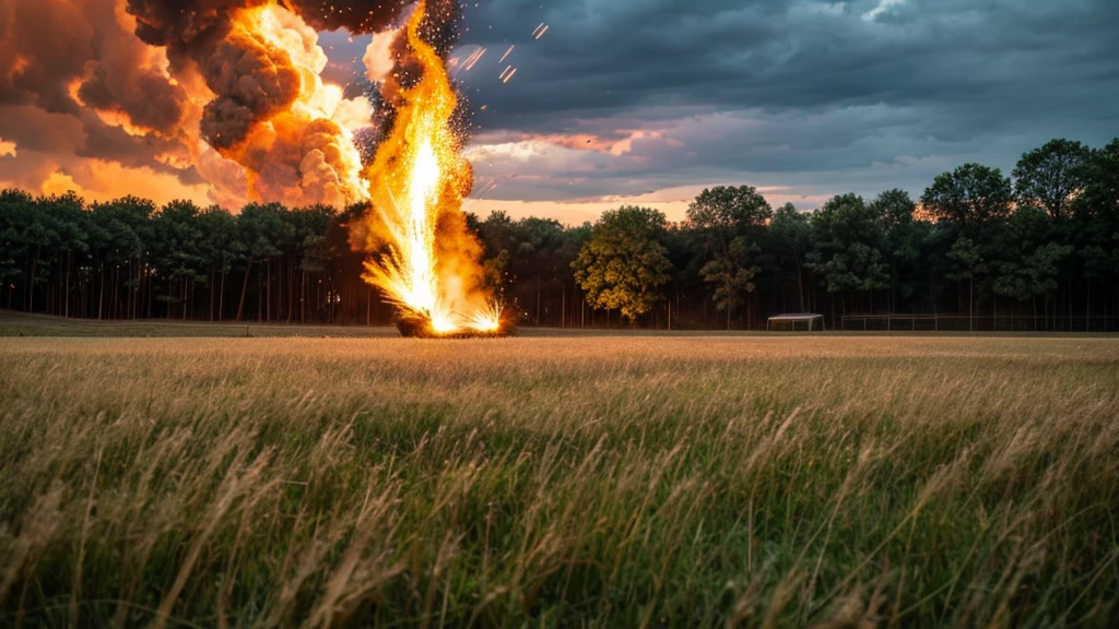 grassy field, sky with fire raining down
