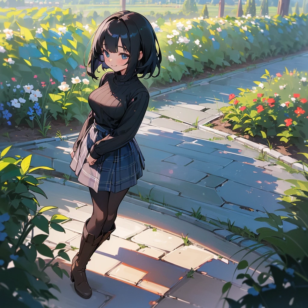 (high quality, High resolution, Very detailed, 8K, reality:1.37), Peaceful atmosphere, (Outdoor, garden), Teenage girl standing alone, (my breasts are big.), Beautifully detailed features, Cute Smile, (Black bob hair), Ribbed sweater, Blue plaid skirt, black tights, Brown boots.