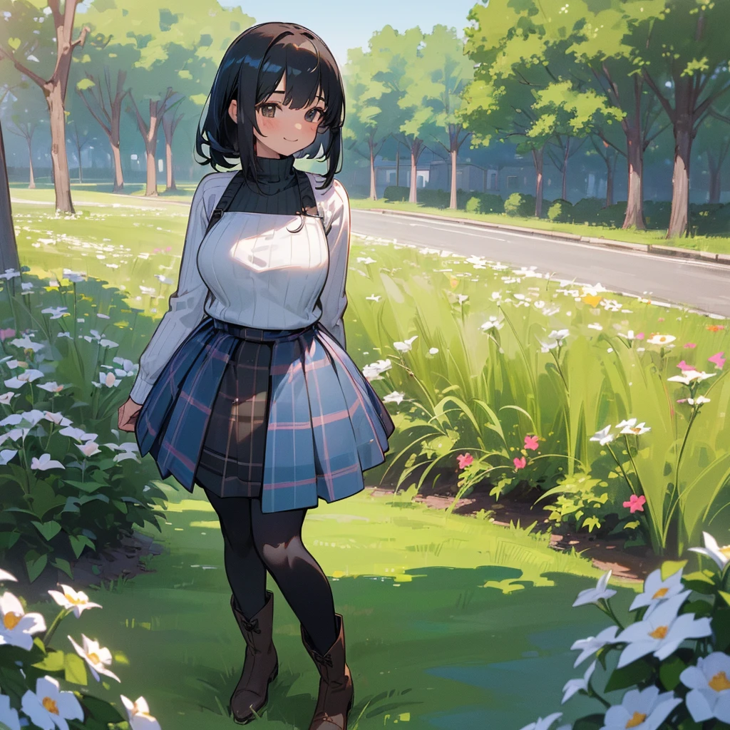 (high quality, High resolution, Very detailed, 8K, reality:1.37), Peaceful atmosphere, (Outdoor, garden), Teenage girl standing alone, (my breasts are big.), Beautifully detailed features, Cute Smile, (Black bob hair), Ribbed sweater, Blue plaid skirt, black tights, Brown boots.