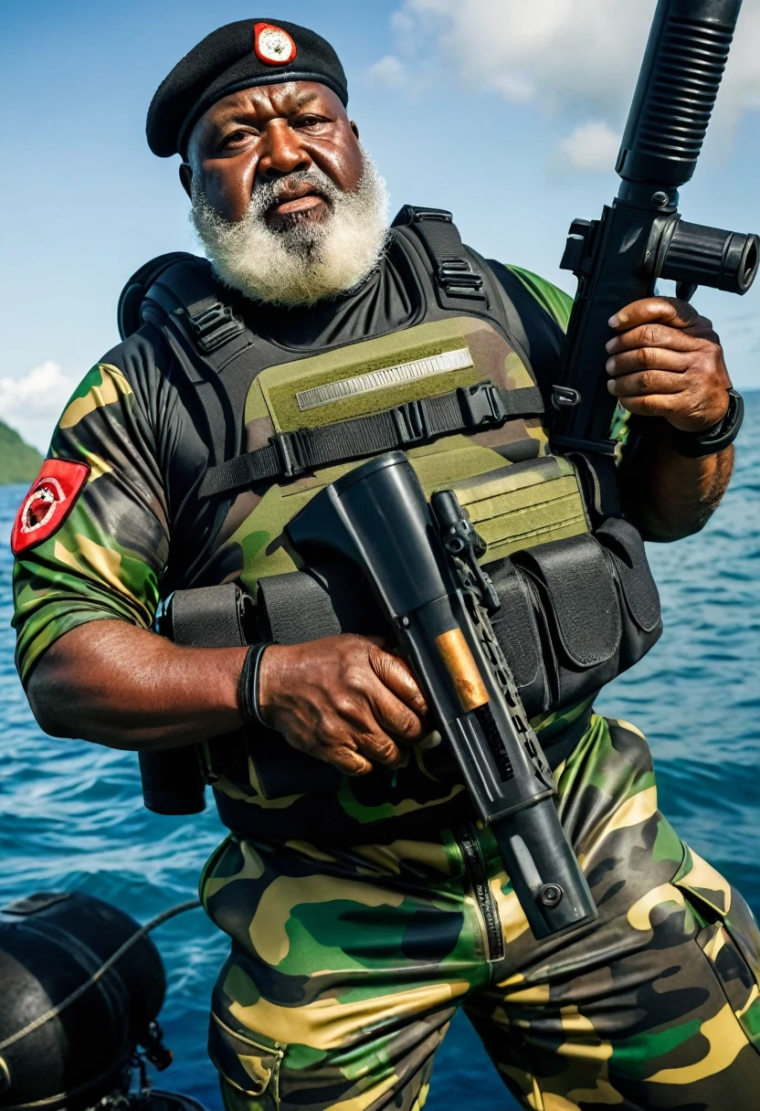 (a dark-skinned bearded fat old man in a bulky camouflage zipper diver suit and heavy scuba gear) wearing army beret, shooting with a gun, muscular, Bruce Onobrakpeya, sumatraism, stanley artgermm, action, a character portrait, heroic, fierce, furious