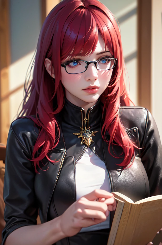 1girl, full body, magical girl, holding book, blue eyes, red hair, long hair, black dress, black leather jacket, library, glasses, (best quality,4k,8k,highres,masterpiece:1.2),ultra-detailed,(realistic,photorealistic,photo-realistic:1.37),portrait,fantasy,dramatic lighting,warm color palette,intricate details