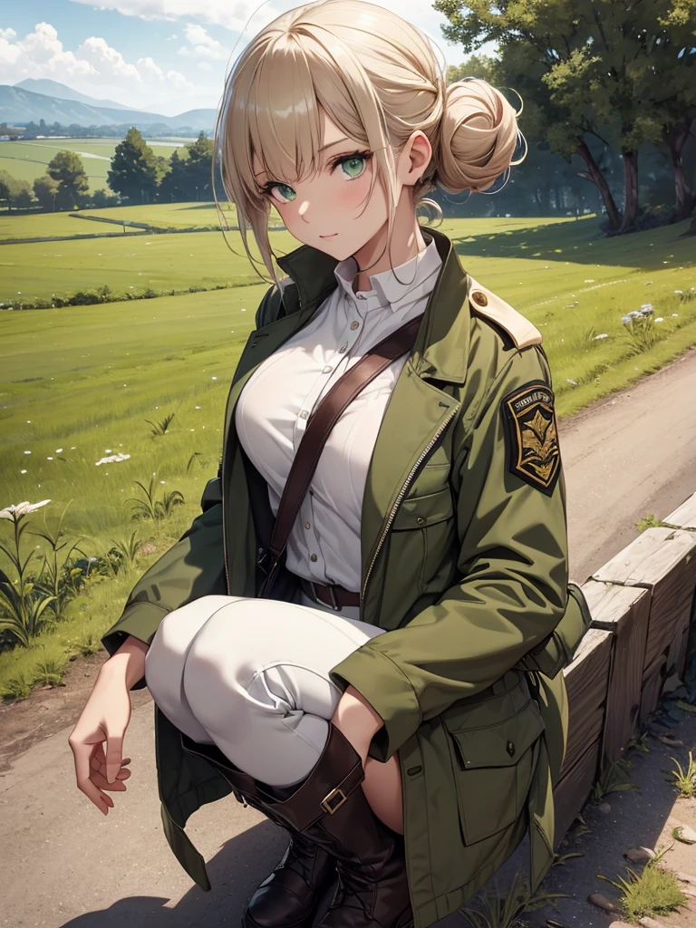 (8K, Best Quality, Masterpiece, Ultra High Resolution) 1 Girl, Woman, Beautiful Eyes, Face Details, Messy Hair Bun, Green Eyes, Pale Skin, Tan Colored Military Uniform, Tan Jacket, White Fitted Shirt, White Pants, Brown Leather Boots, Military Badge, Outside, Dirt Road, Countryside, Best Quality, Upper Body, Looking at the Viewer, Facing Viewer, Close Up