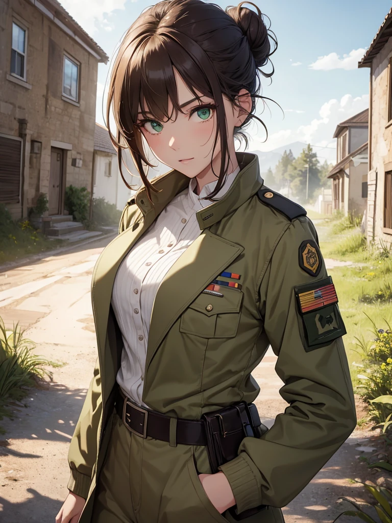 (8K, Best Quality, Masterpiece, Ultra High Resolution) 1 Girl, Woman, Beautiful Eyes, Face Details, Messy Hair Bun, Green Eyes, Pale Skin, Tan Colored Military Uniform, Tan Jacket, White Fitted Shirt, White Pants, Brown Leather Boots, Military Badge, Outside, Dirt Road, Countryside, Best Quality, Upper Body, Looking at the Viewer, Facing Viewer, Close Up