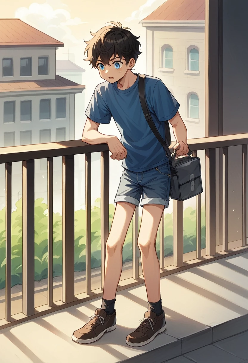 Outside, day, a group of four 11-year-old children are standing by the balcony railing on the second floor, talking excitedly.
The boy in the center: solo, devilish blond wavy hair, blue shirt, denim shorts and a gray school bag.
.