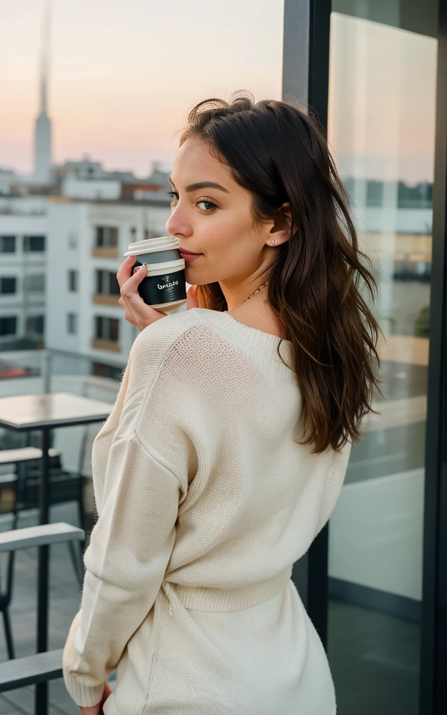 Cute beautiful blonde with yellow sweater (Drinking coffee in a modern café at sunset), muito detalhado, 14years old, innocent face, naturally wavy hair, blue eyes, high-res, ​masterpiece, best qulaity, Intricate detailing, muito detalhado, sharp focus, detailed skin, realistie Hauttextur, Textur, detailled eyes, professional, 4K, charming smile, taken with Canon, 85 mm, light depth of field, Kodak Vision Color, perfectly fitting body, extremely detail, photoshot_\(ultra\), fotorealisti, realisti, Post processing, maximum details, roughness, real life, ultrarealisti, photoshotrealismus, photoshotgrafie, 8K  UHD, photoshotgrafie

faça uma Capa:**

[Minimalist background image with a coffee at dawn, overlooking a military barracks in the distance. The silhouette of a young woman, Ana, is seen from the back, looking towards the barracks, With a notebook in his hand.] She looking at her beloved soldier 

**
*Visual Description:* The cover reflects the romantic and intriguing atmosphere of Ana&#39;s story, a young woman in search of herself and a love that defies convention. she kissing her military boyfriend kissing her military boyfriend kissing 