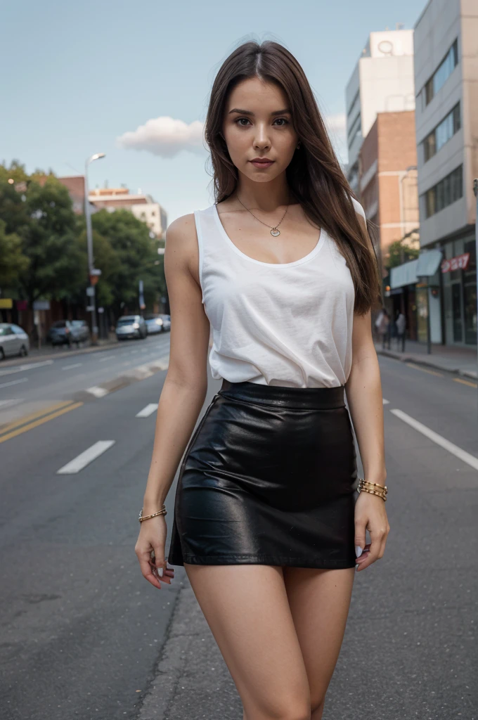 generate me a brunette model walking down the street at night