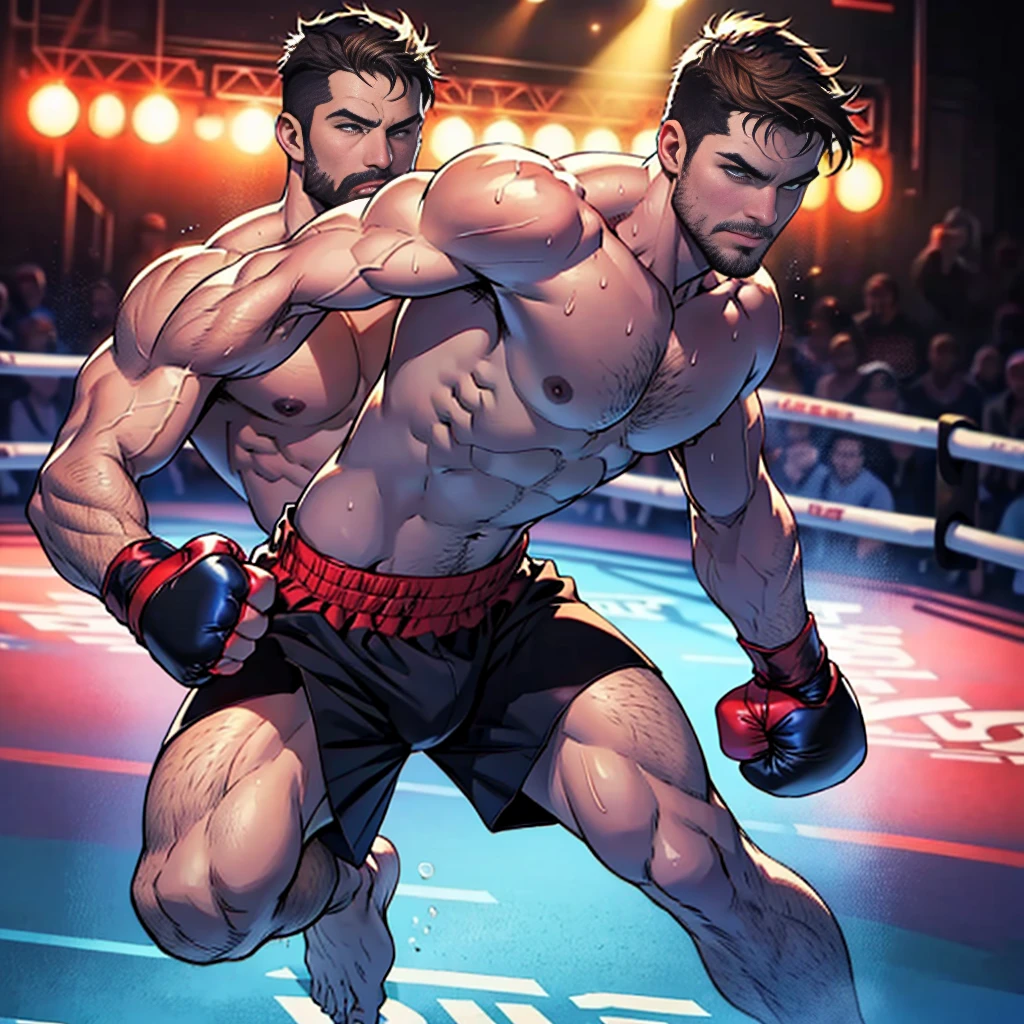y matddy,stephen amell ,dark blond hair, stubble,beard and sexy moushe ,muscular , best quality, masterpiece, ultra high resolution, Detailed background illustration, single, muscles, Volumetric lighting, depth of field, beard, flow,wearing a boxing short , shirtless showing hard nipples , hue, boxing gloves ,, martial artist, flow sweat, short dark blond hair, perfect eyes, barefoot, Boxing pose in the ring
