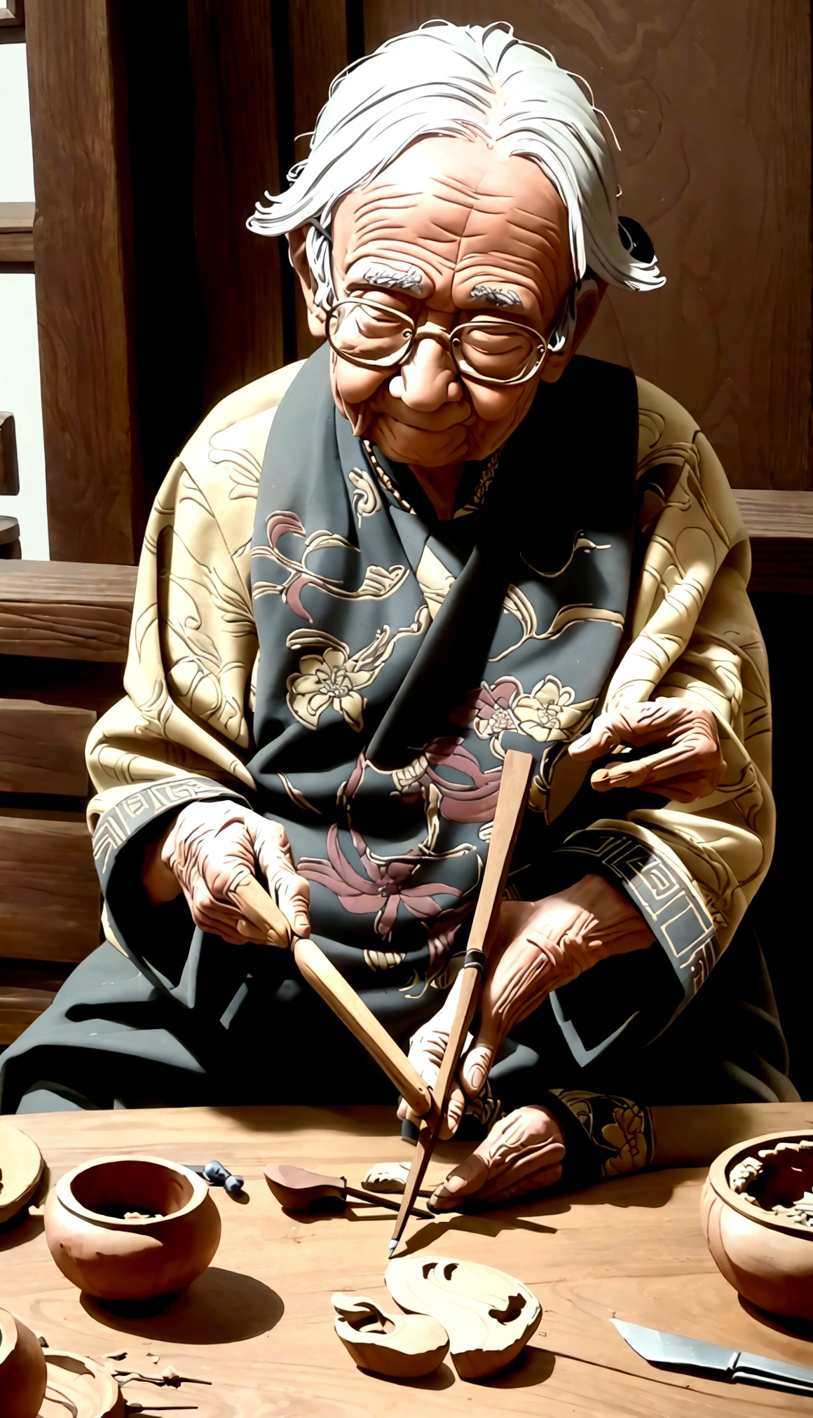 Traditional handicraft workshop,An elderly craftsman sits and carves,The table is filled with messy carving tools,The walls are covered with sculptures,high quality,masterpiece,simple,Chinese style