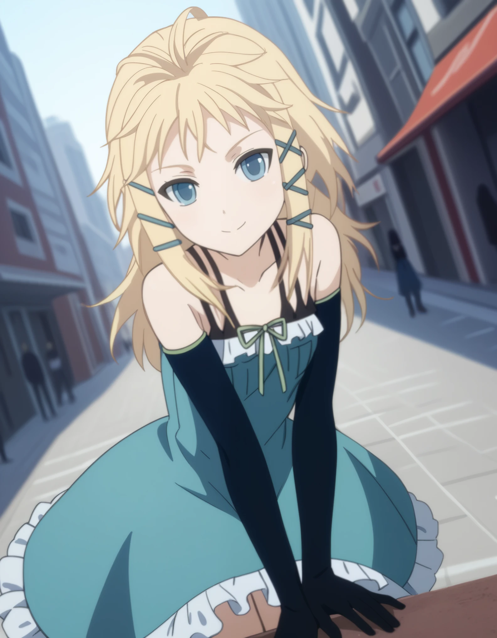 score_9, score_8_up, score_7_up, source_anime,
tinasprout,
tina sprout, long hair, blonde hair, hair ornament, blue eyes,
gloves, dress, bare shoulders, frills, black gloves, elbow gloves, blue dress, frilled dress,
cityscape, street, smile, bent over,
looking at viewer, cowboy shot, solo, dutch angle