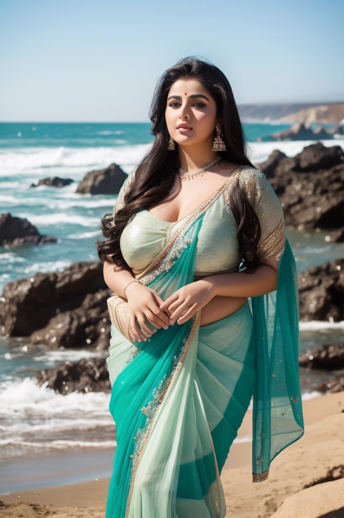 1 Heavenly beautiful and goddess beauty cute and sweet looking face Arabian woman in front of Glass Beach, California, Heavenly beautiful Overweight, Heavenly beautiful Extremely fat, Heavenly beautiful and attractive Chubby figure , Heavenly beautiful looking and eye catching luxury style saree , reaching out, Heavenly beautiful Arabian woman, 16k, High resolution, masterpiece, highest quality, fine skin, outside view, Realistic Photograph