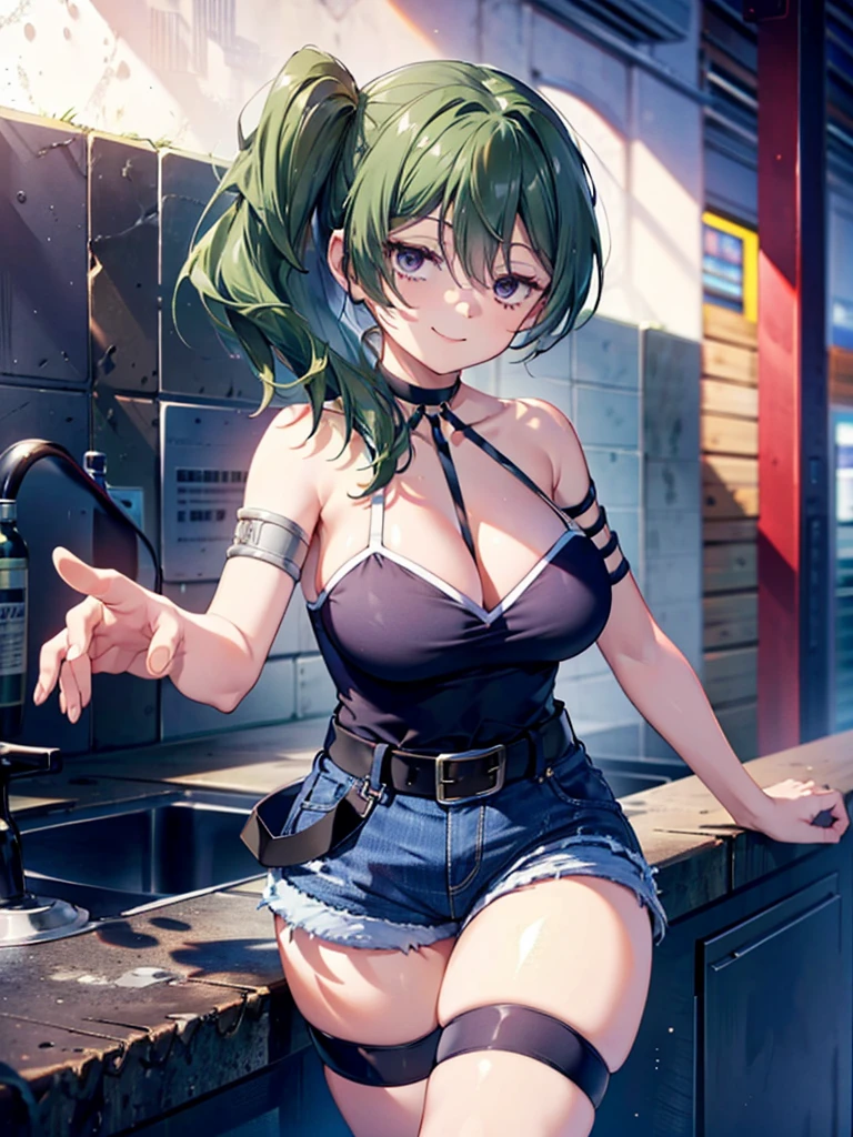 (8K, Highest quality, Highest quality, masterpiece), ubel, long hair, side ponytail, cleavage, belt, arm strap, single elbow glove, thigh strap, smile, denim hot shorts, mini shorts, big breasts