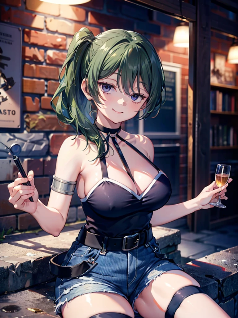 (8K, Highest quality, Highest quality, masterpiece), ubel, long hair, side ponytail, cleavage, belt, arm strap, single elbow glove, thigh strap, smile, denim hot shorts, mini shorts, big breasts