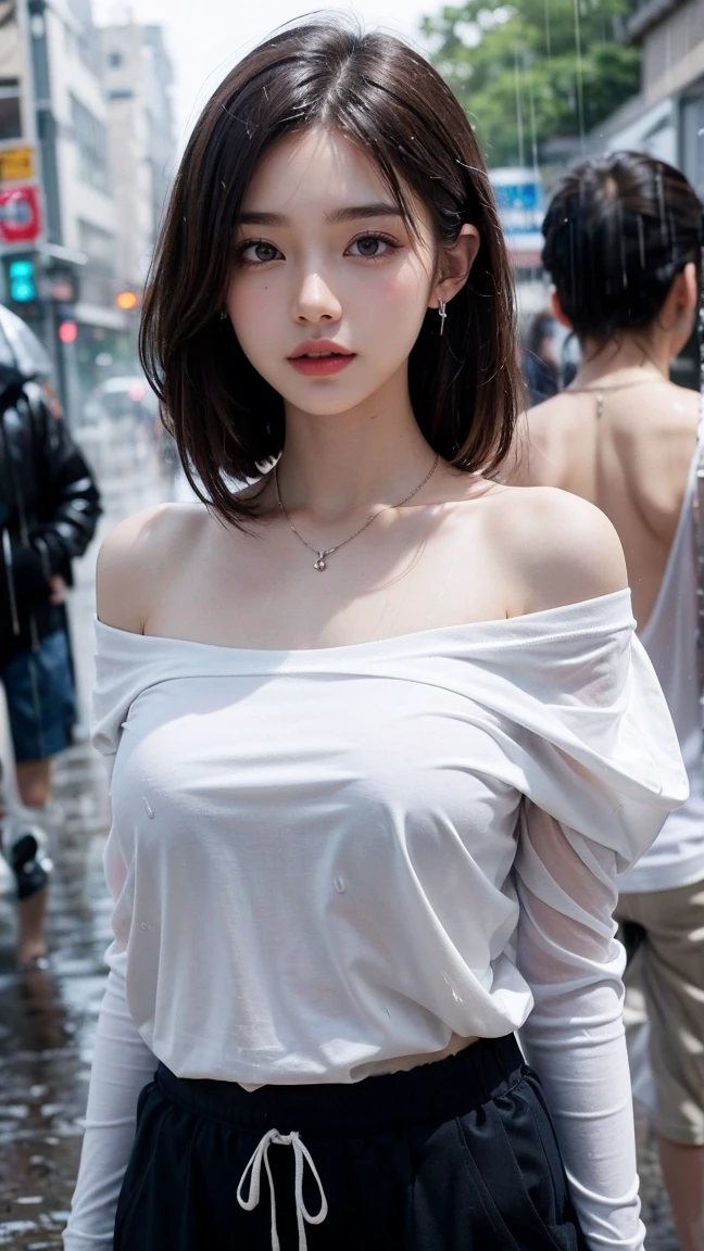 Top-quality Realistic,Official art,Highly detailed CG Unity 8k wallpaper,ultra-detailliert,hight resolution,Physically-based rendering,Magnificat,finely detail,masterpiece,Best Quality,ultra detailed, Face Light,Mature beauty,Beautiful girl,1girl,moist lips,sexy lips,Sexy smile,Gentle smile, 20 years old, Beautiful bare skin,Smooth bare skin,(Beautiful and radiant skin), big well-shaped breasts, beautiful cleavage,beautiful Mature body,swept bangs,(Medium hair:1.3), beautiful detailed eyes,model shoot style,Japanese Idol, Full-body,((A crowded street in heavy rain:1.5)),(Standing there in the rain and sadly face:1.5),(Soaked all over:1.2),BREAK,nsfw,((off shoulder soft tulle Sheer White Long T-shirt:1.3)),BREAK,(ash navy cocoon silhouette pants:1.3),BREAK,(Heart shaped necklace),(Triangle ornament earrings),BREAK,looking down,shoot from below,((Extreme close-up)),