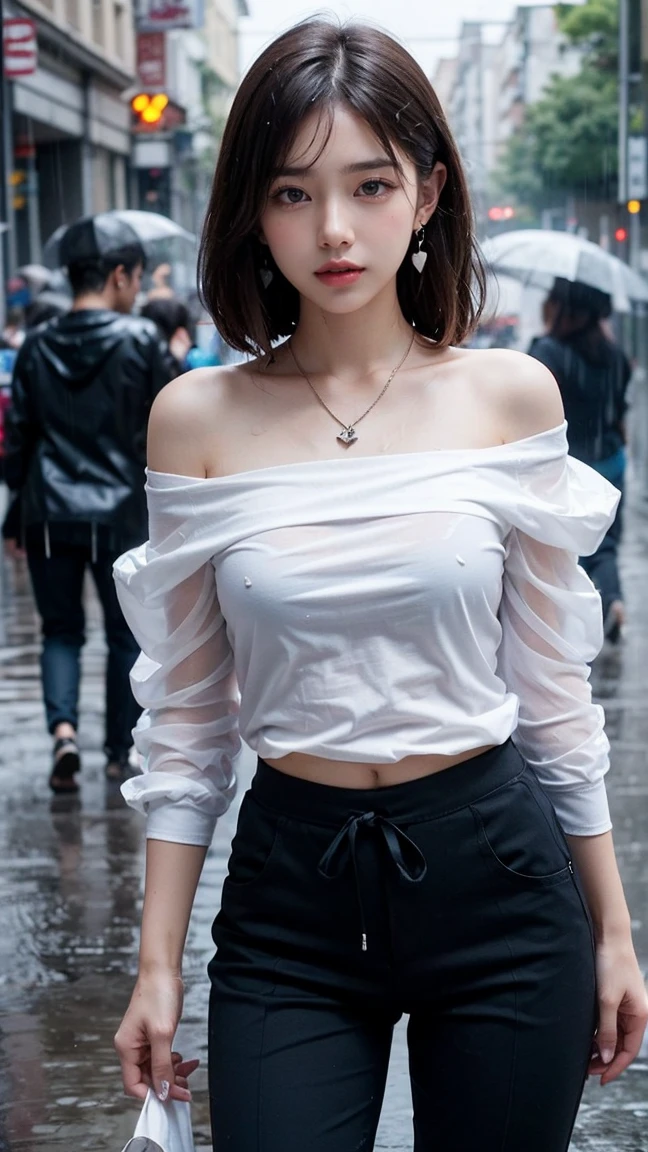 Top-quality Realistic,Official art,Highly detailed CG Unity 8k wallpaper,ultra-detailliert,hight resolution,Physically-based rendering,Magnificat,finely detail,masterpiece,Best Quality,ultra detailed, Face Light,Mature beauty,Beautiful girl,1girl,moist lips,sexy lips,Sexy smile,Gentle smile, 20 years old, Beautiful  skin,Smooth  skin,(Beautiful and radiant skin), big well-shaped , beautiful cleavage,beautiful Mature body,swept bangs,(Medium hair:1.3), beautiful detailed eyes,model shoot style,Japanese Idol, Full-body,((A crowded street in heavy rain:1.5)),(Standing there in the rain and sadly face:1.5),(Soaked all over:1.2),BREAK,nsfw,((off shoulder soft tulle Sheer White Long T-shirt:1.3)),BREAK,(ash navy cocoon silhouette pants:1.3),BREAK,(Heart shaped necklace),(Triangle ornament earrings),BREAK,looking down,shoot from below,((Extreme close-up)),