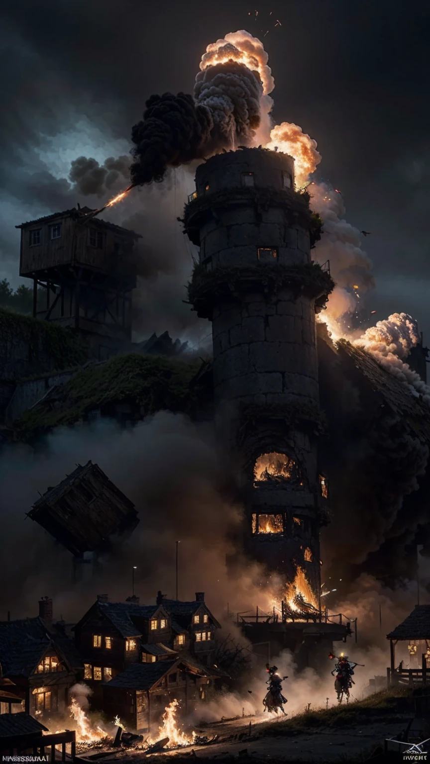 (Award-winning masterpiece:1.5), (incredible detail), (hyper realistic:1.4), (whole body:1.7), (medieval witch village under attack), (brutal creature launching an assault), (houses ablaze), (witches screaming in panic), (detailed depiction of destruction), (dramatic lighting), (intricate details:1.1)
