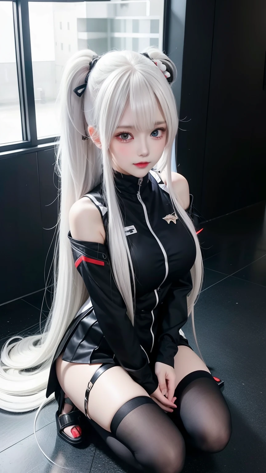 Anime girl sitting on floor with long white hair holding cell phone, from girls frontline, Kantai collection style, Fine details. Girl Front, girls frontline style, seductive anime girls, (sfv) safe to work, Girls Frontline CG, azur lane style, the anime girl is crouching, thicc, Girl Front, beautiful anime girl crouching