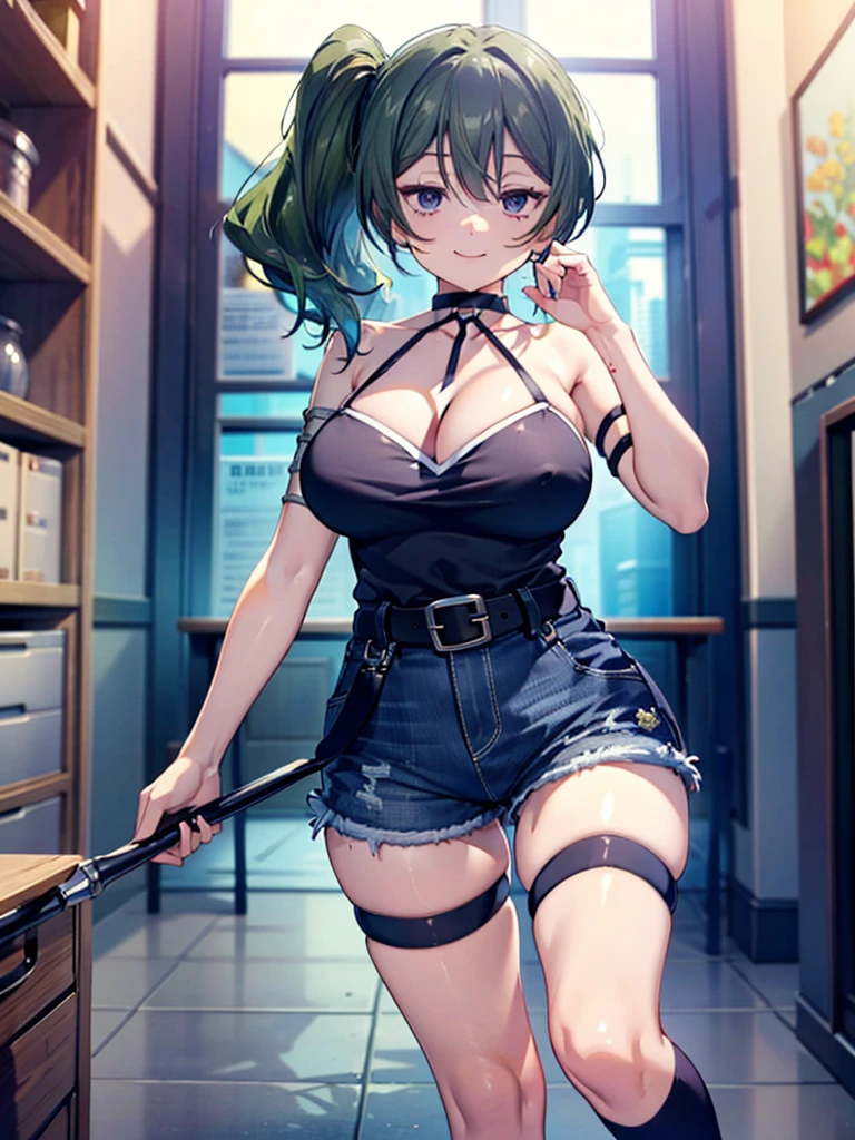 (8K, Highest quality, Highest quality, masterpiece), ubel, long hair, side ponytail, cleavage, belt, arm strap, single elbow glove, thigh strap, smile, denim hot shorts, mini shorts, big breasts