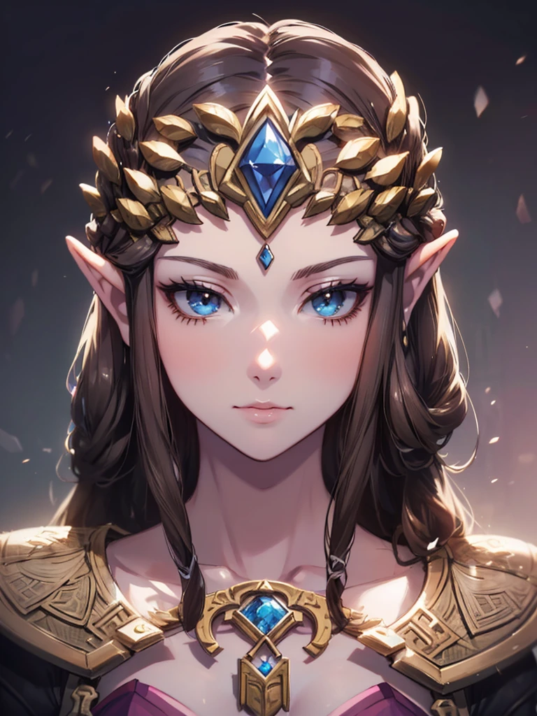 ((Highly detailed face)),((Very beautiful face)),Close-up of a statue of a woman holding a sword, Zelda Twilight Princess, Princess Zelda, Twilight Princess, portrait of Zelda, Zelda, from legend of zelda,, upper body, ,((Portrait of a single person)),(紫のブラウス))