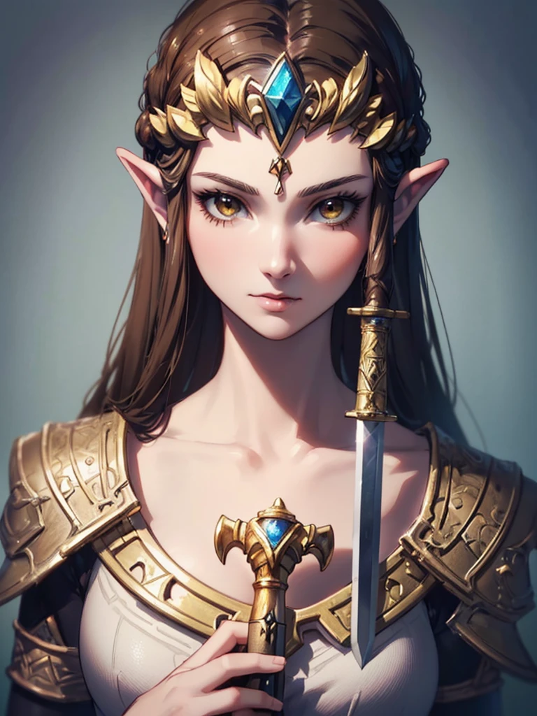 ((Highly detailed face)),((Very beautiful face)),Close-up of a statue of a woman holding a sword, Zelda Twilight Princess, Princess Zelda, Twilight Princess, portrait of Zelda, Zelda, from legend of zelda,, upper body, ,((Portrait of a single person)),(紫のブラウス))