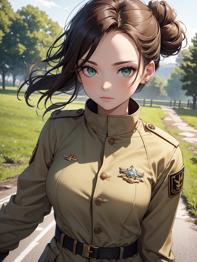 (8K, Best Quality, Masterpiece, Ultra High Resolution) 1 Girl, Woman, Beautiful Eyes, Face Details, Brunette Hair, Messy Hair Bun, Green Eyes, Pale Skin, Tan Colored Military Uniform, Tan Jacket, White Fitted Shirt, White Pants, Brown Leather Boots, Military Badge, Outside, Dirt Road, Countryside, Best Quality, Upper Body, Looking at the Viewer, Facing Viewer, Close Up