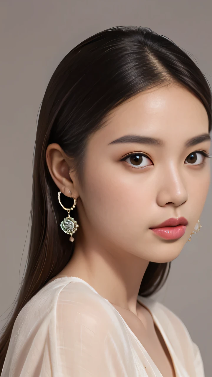 A girl,earrings,Solitary,Jewelry,length_hair,Lips,Practical,Brown_Eye,(small:0.8),Upper Body