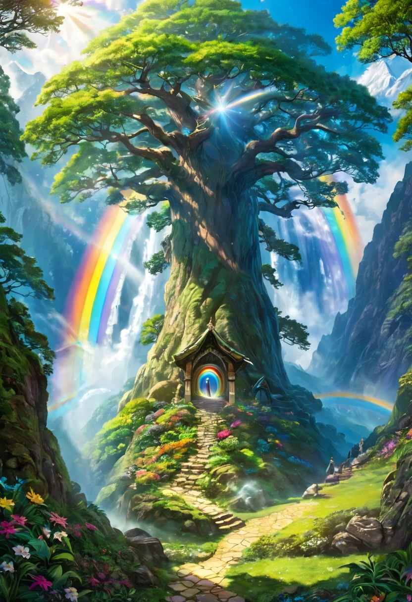 Dwarf expedition, sacred mountain, sacred spring, heaven, utopia, rainbow, spirituality, mysterious big tree, shining path