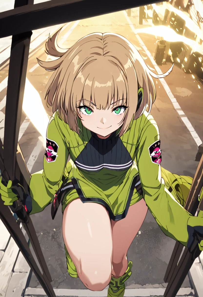,One girl,smile, View your viewers, masterpiece,Highest quality,Konam,green jacket, gloves, green shorts,green footwear,cyclone \(for once\)