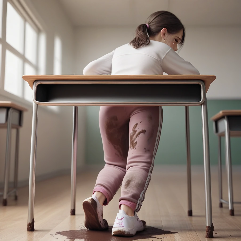 Ultra-realistic, 4k, 1girl, , cute face, pretty face, cute eyes, skinny body, brown hair, pink adidas sweatpants, tight long sleeve sports white tshirt, white sneakers, crying, very sweaty, in dirty classroom, near the desk, dirty pants, dirty chair, dirty clothes, sweaty clothes, (((make the whole image filthy and dirty))), (((mud overflowing from pants))), stinky atmosphere, filthy atmosphere, mud on pants, disgusting pants, back view of girl, ((extreme amount of mud on pants)),