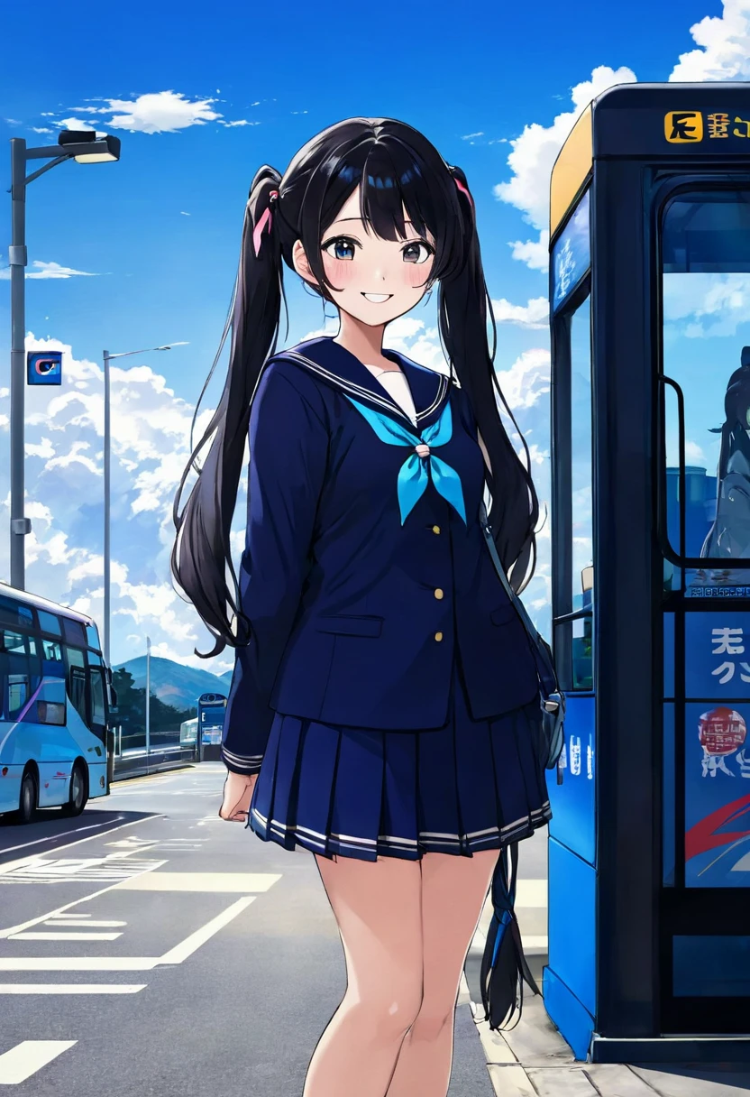 Black long hair、Beautiful girl with twin tails、Sailor suit、Bright smile、Full Body View、Waiting for a bus at the bus stop、I can see the bus、White clouds in blue sky、Face Highlights