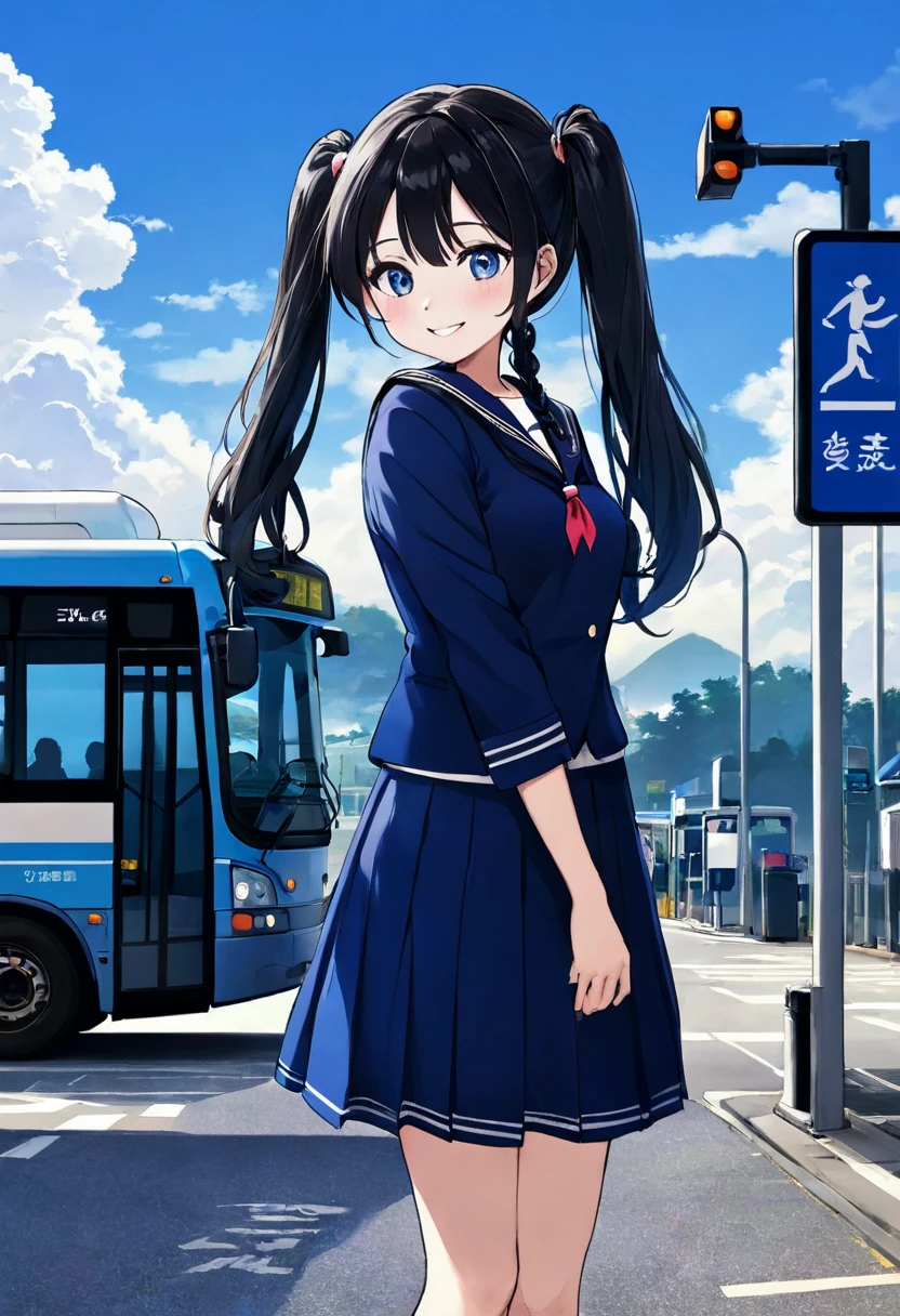 Black long hair、Beautiful girl with twin tails、Sailor suit、Bright smile、Full Body View、Waiting for a bus at the bus stop、I can see the bus、White clouds in blue sky、Face Highlights