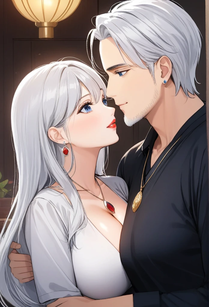 Hot sexy young babe kissing with ugly old man, blue eyes, white hair,big silver jhumka earrings ,blunt hair ,red lipstick , smooth skin, school dress,sharp jawline, detailed face, bangles, necklace , big breasts, smiling , jewellery,hair brochure,