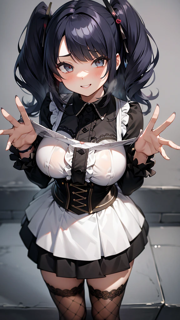masterpiece,Highest quality,One Girl,(黒いtwo side up:1.1),(Wavy Hair:1.1),Medium Hair,(Light blue gradient hair:0.8),Big Breasts,ruffled white blouse,black flared skirt,Ribbon ornament,Fishnet tights,Mischievous Smile,Up Leg,Panty Focus,Lace panties,(Hollow Eyes),(scorned eyes),Panties as a gift,Detailed panties