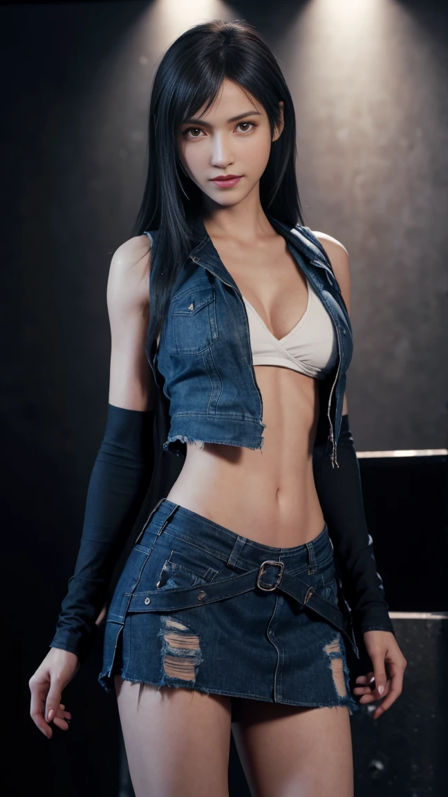 8K, Top Quality, Intricate Details, Ultra Detail, Ultra High Resolution, Masterpiece, close up shot, (full body: 1.1), Slender, Smile, (Makeup: 0.4), ,(( red eyes, black hair, bangs, extra short hair)), (Fluffy Eyes: 1.21), (()), 1girl, solo, 1 girl, ((Tifa,Tifa・lockhart,Final Fantasy 7,FF7,l)), close up shot, , ((tall)), (((fit body))), (((slim face))), sharp face, ((mini open vest, denim open vest, topless, torn denim, open zip denim, mini short)) ,(detailed face), sharp face, small lips, , ,(( )) ,, ,
((,no bra, braless )), , (( )), detailed face, detailed breast, large breast ,huge breast, detail nipples ,, Narrow Waist, Skinny, tall , 190 cm tall, Muscular, Navel, Exposed Abdomen, Pointed Chest,, Beautiful girl with accentuated slender abs: 1.4, Six Pack Abs: 1.4, , Perfect Body, detail legs, (( dark background)), black background,