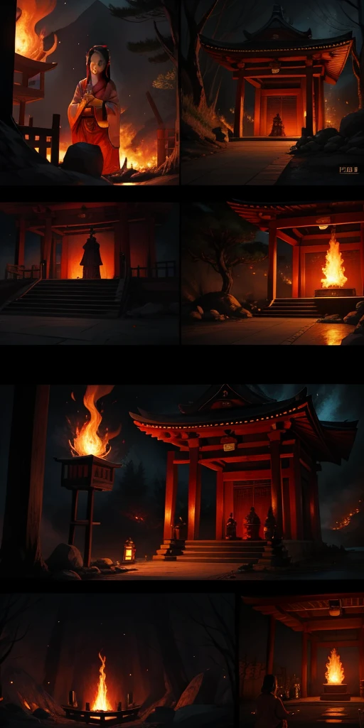 [Beginning of the comic、Page 1][Inside a dimly lit Buddhist temple][A raging fire at the altar][A beautiful shrine maiden is offering a prayer in front of the flame.][An unusual atmosphere][Sweat drips down the shrine maiden&#39;s forehead.]（8K、超High resolution、masterpiece、Anatomically correct、Textured skin、High resolution、Highest quality、High resolution、Professional Lighting、）Gal,Anatomically correct,Beautiful details, Highest quality, (masterpiece:1.4), High resolution, Very detailed, Beautiful details girl, (Realistic:1.4), High resolution RAW color photos, Professional photos, Very detailed eyes and face, Natural light, Facial details, Shiny skin,