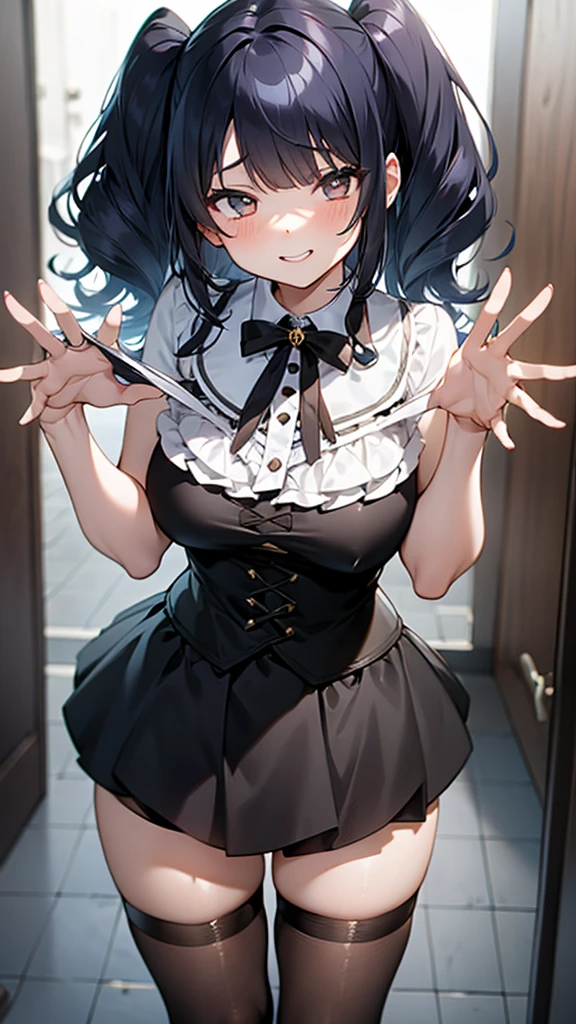 masterpiece,Highest quality,One Girl,(黒いtwo side up:1.1),(Wavy Hair:1.1),Medium Hair,(Light blue gradient hair:0.8),Big Breasts,ruffled white blouse,black flared skirt,Ribbon ornament,Fishnet tights,Mischievous Smile,Up Leg,Panty Focus,Lace panties,(Hollow Eyes),(scorned eyes),Panties as a gift,Detailed panties