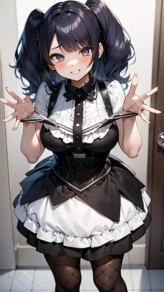 masterpiece,Highest quality,One Girl,(黒いtwo side up:1.1),(Wavy Hair:1.1),Medium Hair,(Light blue gradient hair:0.8),Big Breasts,ruffled white blouse,black flared skirt,Ribbon ornament,Fishnet tights,Mischievous Smile,Up Leg,Panty Focus,Lace panties,(Hollow Eyes),(scorned eyes),Panties as a gift,Detailed panties