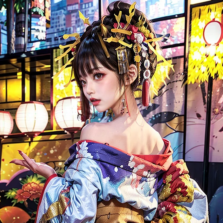 (PUNIPUNI clavicle KIMONO (offshoulder) edgOiran_hairstyle edgOiran_makeup)High-level, 8K Masterpiece TopQuality, Ultra-detailed CG, Absurd detailed wallpaper, PerfectLighting, Extremely detailed (((Personifying " OIRAN " as a KAWAII Girl))), Characteristic Items, aesthetic LifeLike Rendering, MysticSight, Haze Tyndall Scattering, (Studio GRAY Background with (Oodles Dazzling Iridescent Particles (BokeH))), (((Assfocus)) RoundlyButt) ThighGap, (Exposed:0.44) 🔞 BREAK (Acutance:0.8), (NOGIZAKA FaceVariations) Extremely Detailed very KAWAII FaceVariations, Childish CaptivatingGaze ElaboratePupils Detailed Eyes with (SparklingHighlights:1.28), (Voluminous LongEyelashes:0.88)、Glossy 💄 Lips with beautiful details, CoquettishTongue, PUNIPUNI RosyCheeks, Radiant PearlSkin with Transparency, Glowing DowneyHair . { (Dynamic LifeLike expressions:1.4) | (:d) }, (large eyes:-1) .