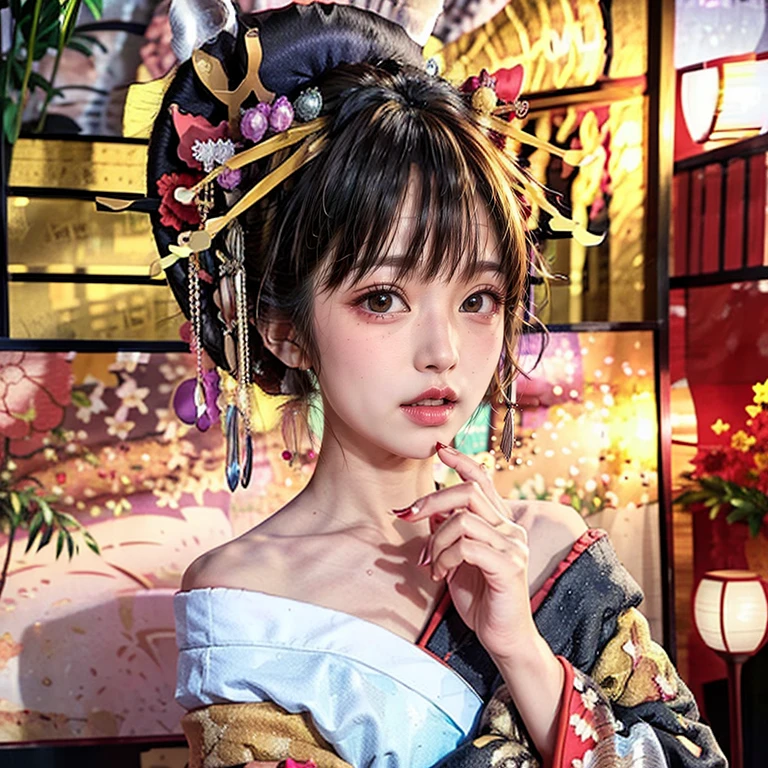 (PUNIPUNI clavicle KIMONO (offshoulder) edgOiran_hairstyle edgOiran_makeup)High-level, 8K Masterpiece TopQuality, Ultra-detailed CG, Absurd detailed wallpaper, PerfectLighting, Extremely detailed (((Personifying " OIRAN " as a KAWAII Girl))), Characteristic Items, aesthetic LifeLike Rendering, MysticSight, Haze Tyndall Scattering, (Studio GRAY Background with (Oodles Dazzling Iridescent Particles (BokeH))), (((Assfocus)) RoundlyButt) ThighGap, (Exposed:0.44) 🔞 BREAK (Acutance:0.8), (NOGIZAKA FaceVariations) Extremely Detailed very KAWAII FaceVariations, Childish CaptivatingGaze ElaboratePupils Detailed Eyes with (SparklingHighlights:1.28), (Voluminous LongEyelashes:0.88)、Glossy 💄 Lips with beautiful details, CoquettishTongue, PUNIPUNI RosyCheeks, Radiant PearlSkin with Transparency, Glowing DowneyHair . { (Dynamic LifeLike expressions:1.4) | (:d) }, (large eyes:-1) .