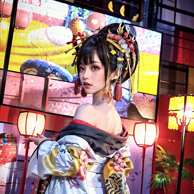 (PUNIPUNI clavicle KIMONO (offshoulder) edgOiran_hairstyle edgOiran_makeup)High-level, 8K Masterpiece TopQuality, Ultra-detailed CG, Absurd detailed wallpaper, PerfectLighting, Extremely detailed (((Personifying " OIRAN " as a KAWAII Girl))), Characteristic Items, aesthetic LifeLike Rendering, MysticSight, Haze Tyndall Scattering, (Studio GRAY Background with (Oodles Dazzling Iridescent Particles (BokeH))), (((Assfocus)) RoundlyButt) ThighGap, (Exposed:0.44) 🔞 BREAK (Acutance:0.8), (NOGIZAKA FaceVariations) Extremely Detailed very KAWAII FaceVariations, Childish CaptivatingGaze ElaboratePupils Detailed Eyes with (SparklingHighlights:1.28), (Voluminous LongEyelashes:0.88)、Glossy 💄 Lips with beautiful details, CoquettishTongue, PUNIPUNI RosyCheeks, Radiant PearlSkin with Transparency, Glowing DowneyHair . { (Dynamic LifeLike expressions:1.4) | (:d) }, (large eyes:-1) .