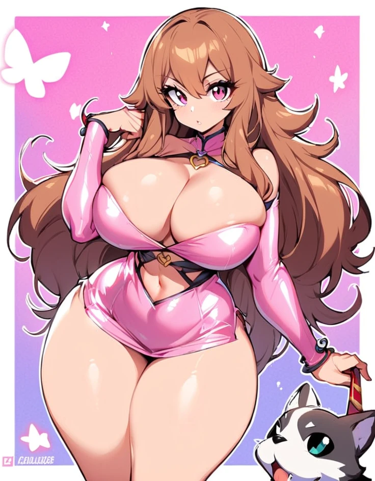 (masterpiece, best quality:1.2), 1girl, solo,standing, 
by by buta99, by chelodoy, by spikedmauler, by cervina7, solo, female, standing, looking at viewer, ((hair, snout), lips, eyelashes, eyeliner, big breasts, cleavage, light brown fur, pink eyes, sexy, long brown hair, long wavy hair, skinny, canine, pink, kawaii, small waist, huge thighs, milf body, , big eyes, kawaii background, pink clothes, brown hair ,kawaii, super kawaii, big hips, kawaii outfit, sexy, nsfw, pink, pink theme, huge , pink eyes, showing, huge thighs, huge hips, shiny, border around body, skinny waist, mini skirt, shiny skin, glowy skin, pink latex, front facing the viewer 